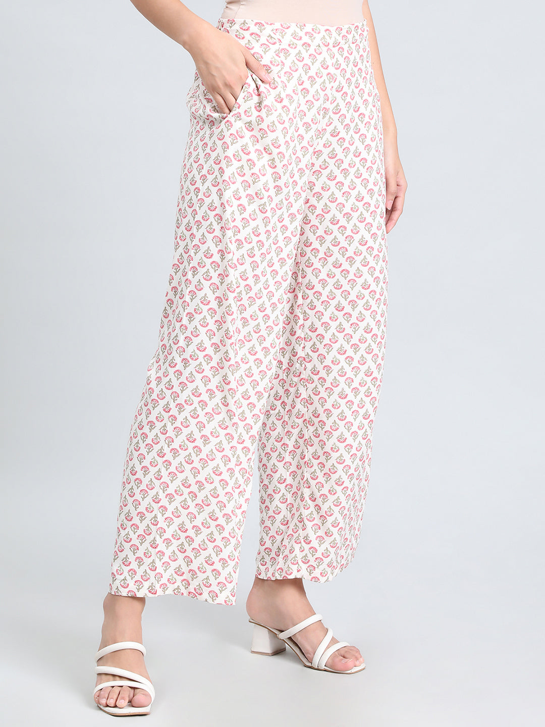 White Woven Viscose Printed Palazzo