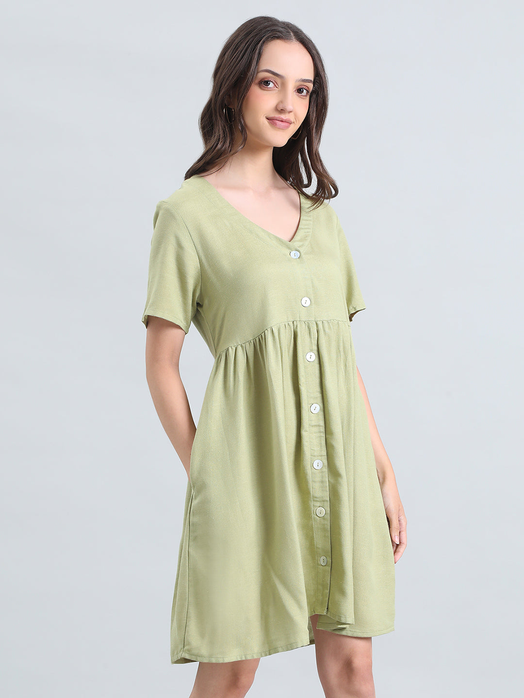 Linen V-Neck Regular Fit Short Dress