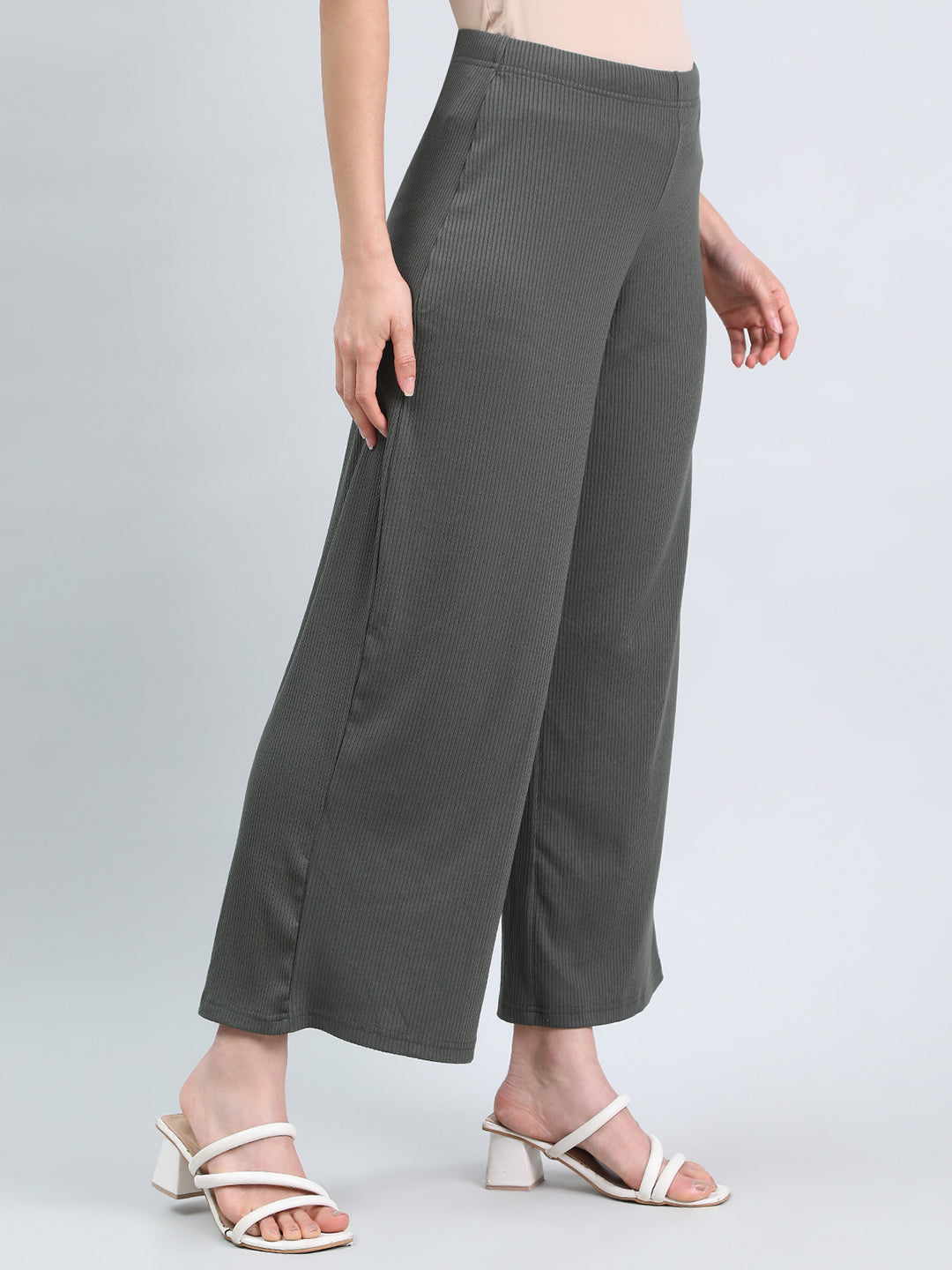 Olive Green Drop Needle Fabric Rib Palazzo