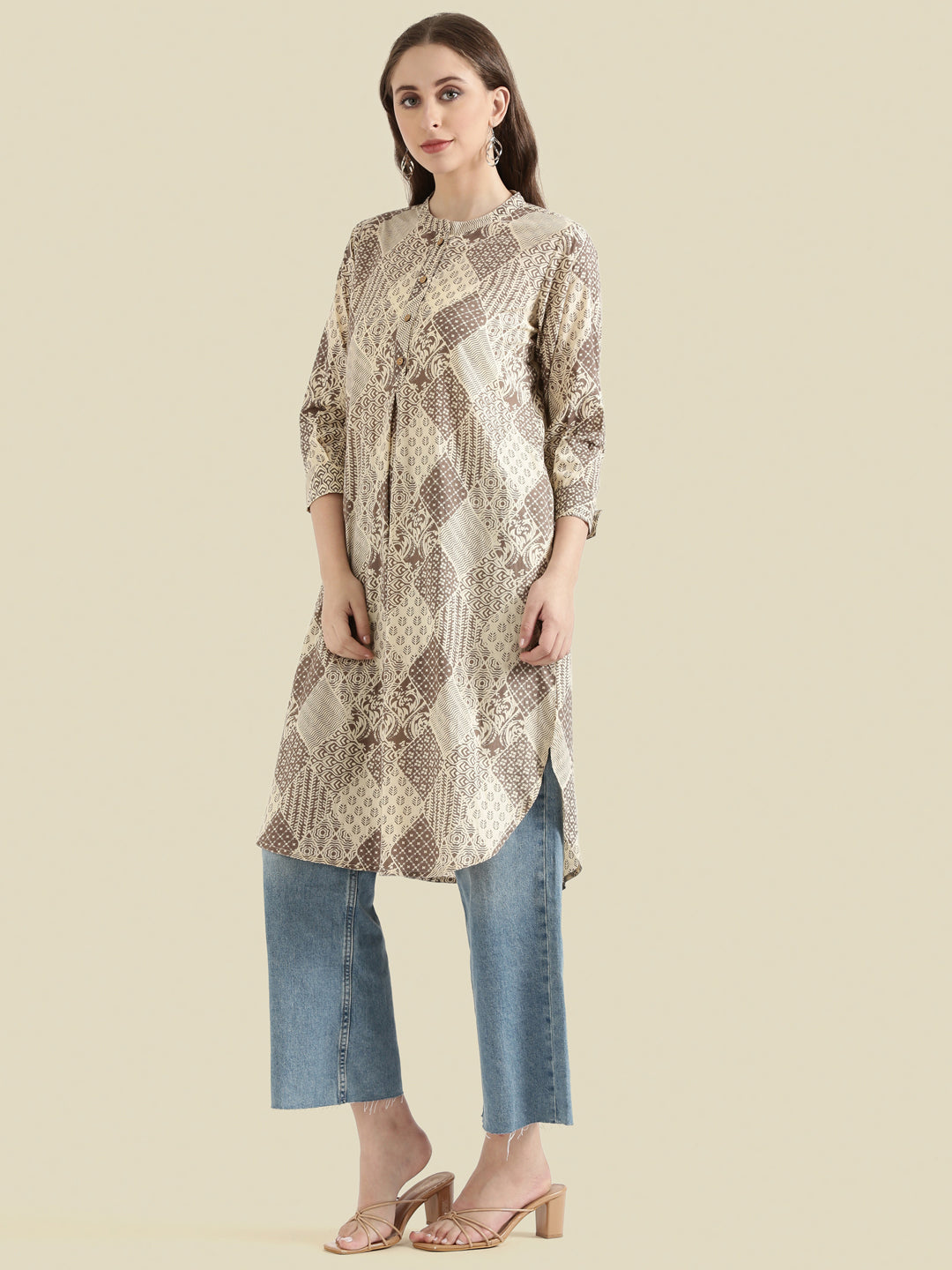 Cotton Patchwork Block-Print Loose Fit Kurta