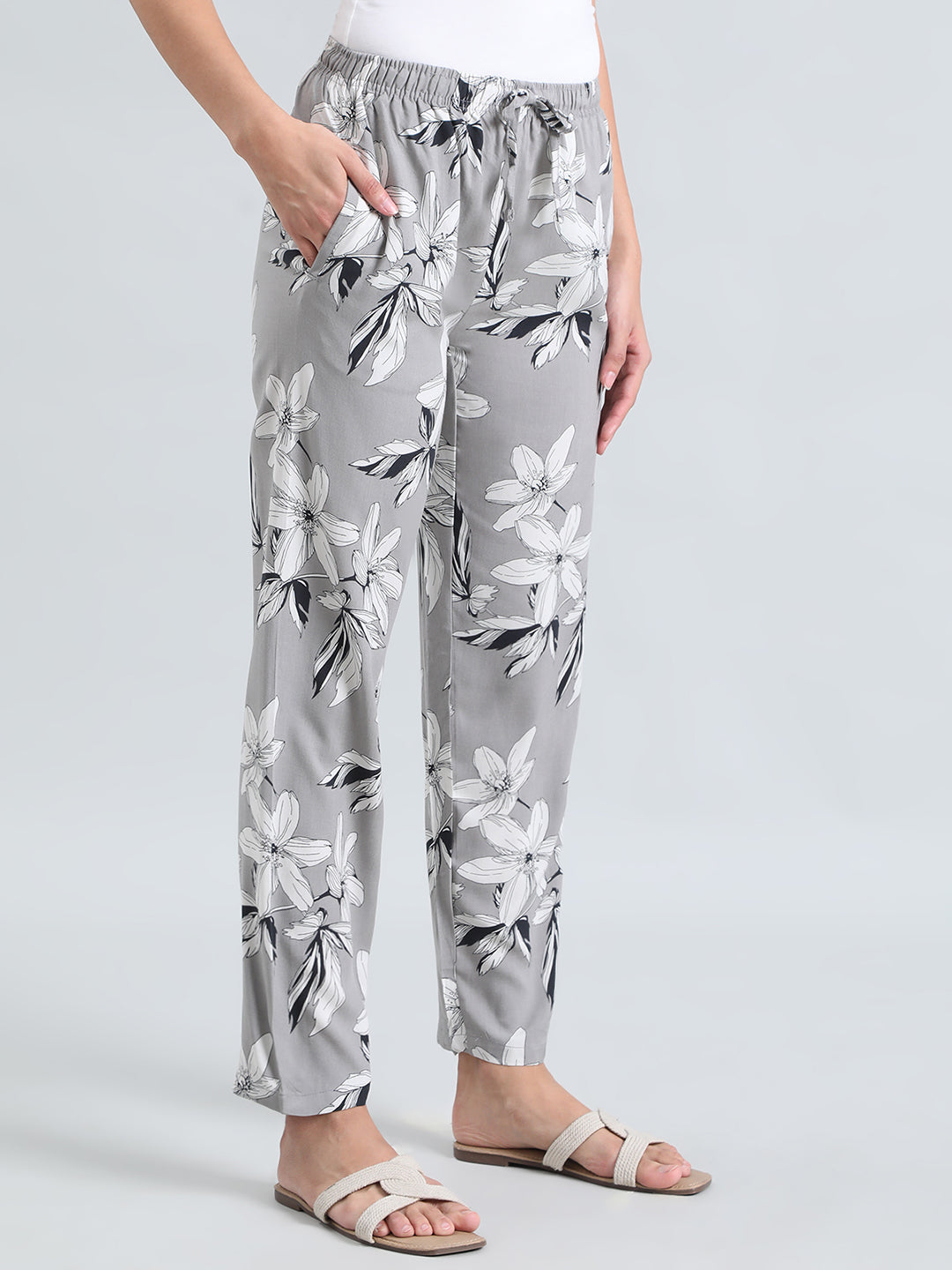 Grey Woven Viscose Printed Lounge Pants
