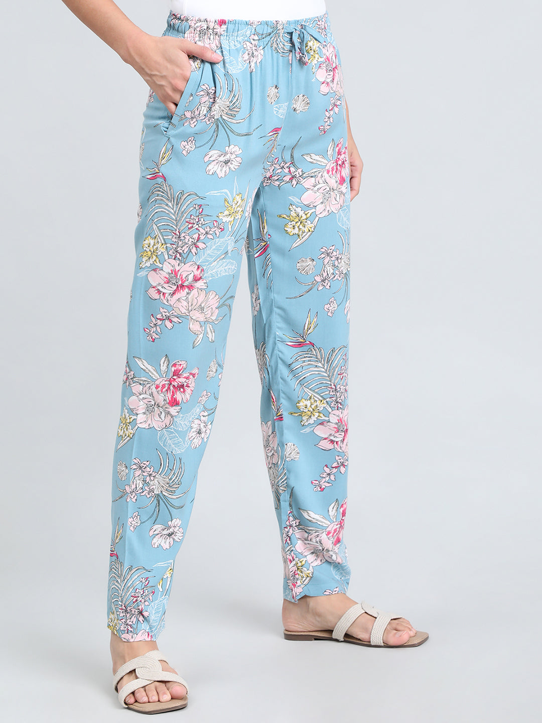 Blue Woven Viscose Printed Lounge Pants