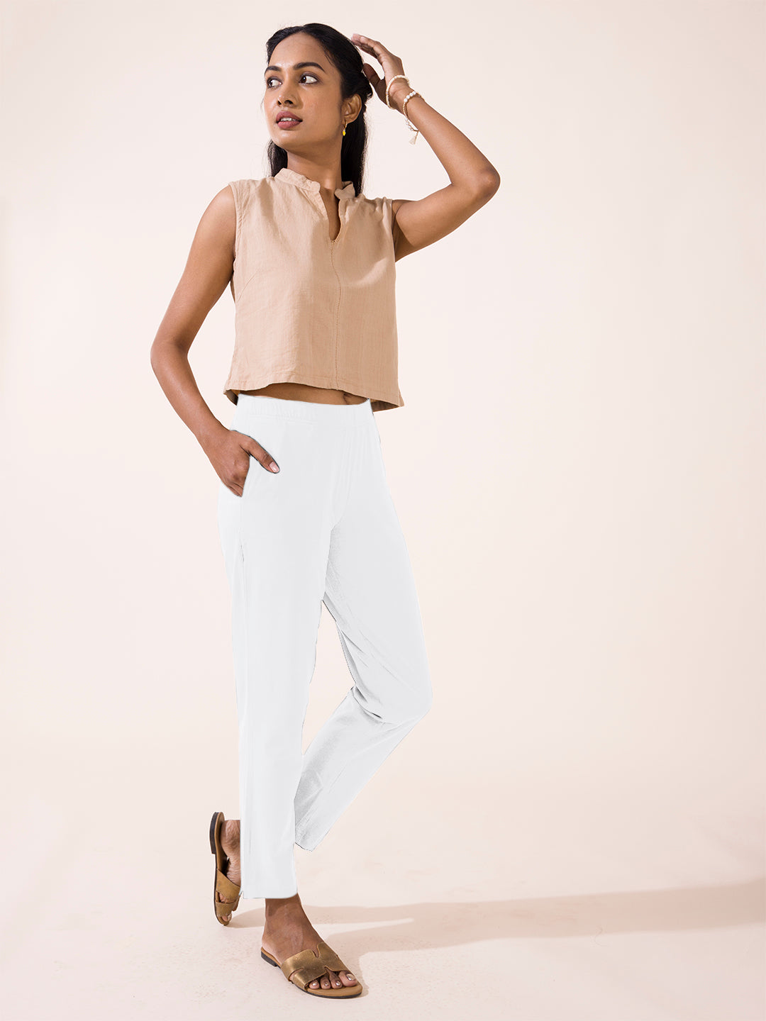 White Cotton Stretch Kurti Pants