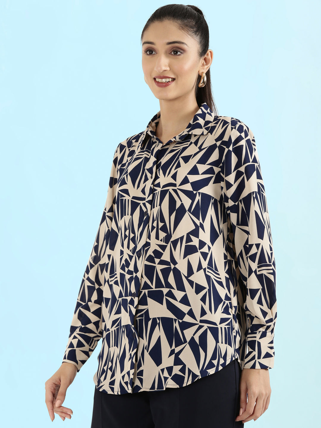 Crepe Classic Collar Printed Long Shirt