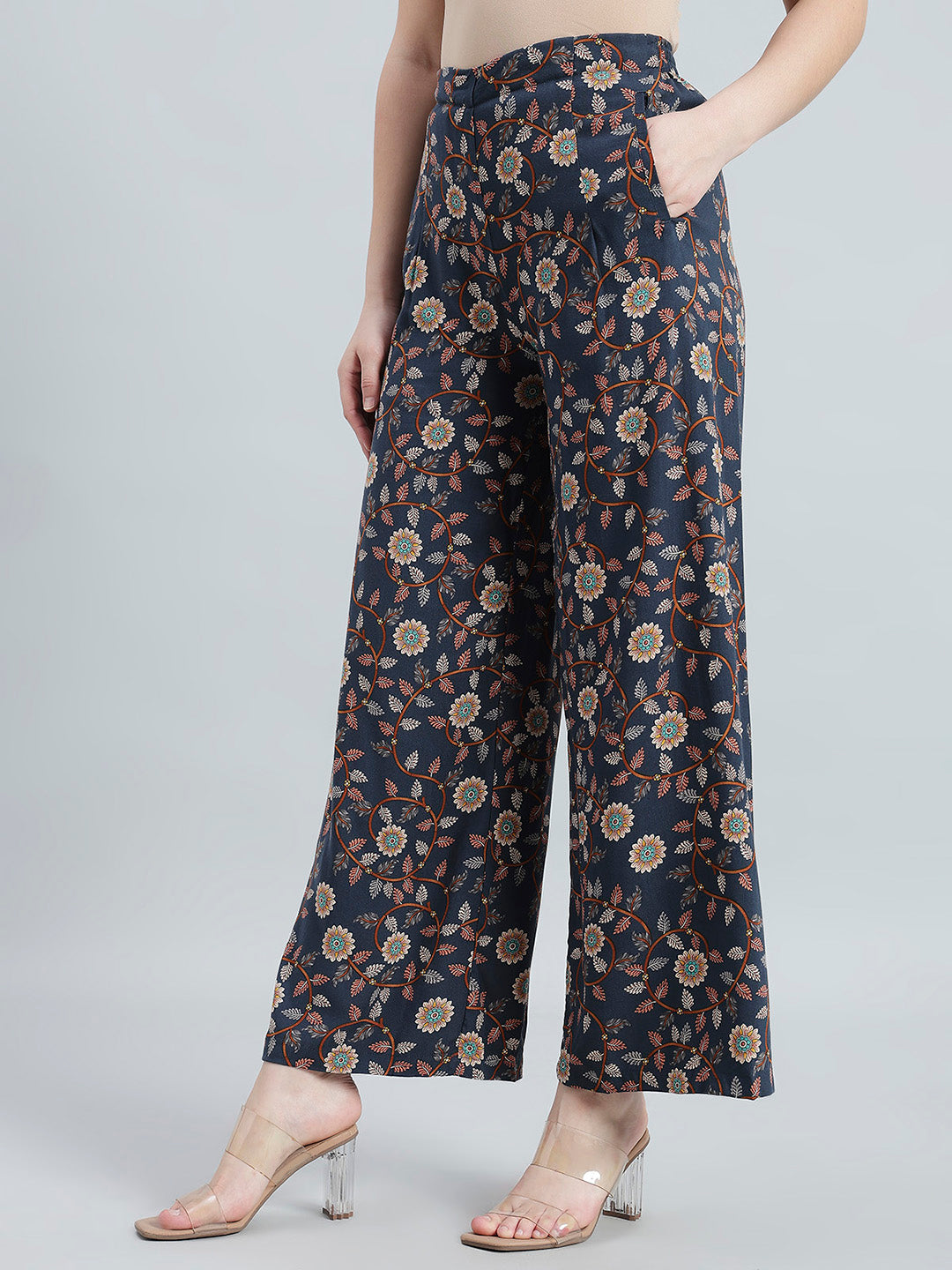 Navy Woven Viscose Printed Palazzo