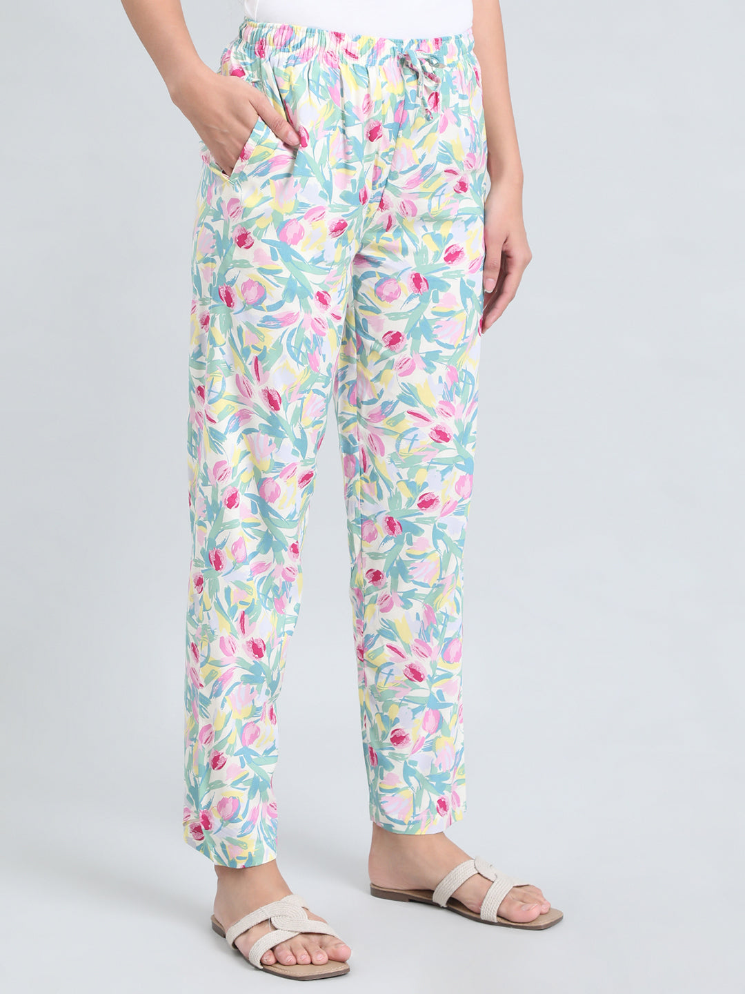 White Woven Viscose Printed Lounge Pants