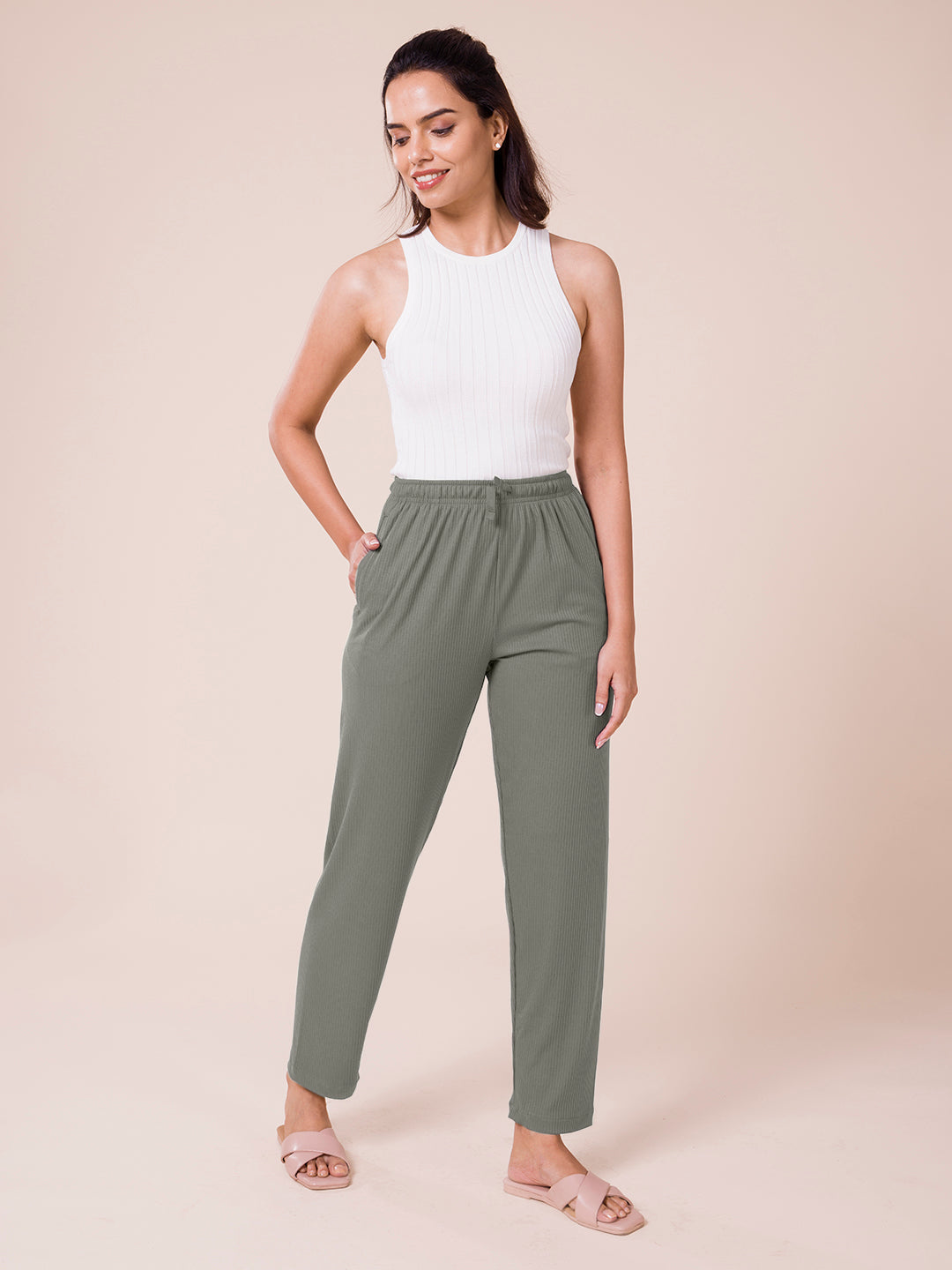 Ebony Grey Drop Needle Fabric Casual Rib Pant