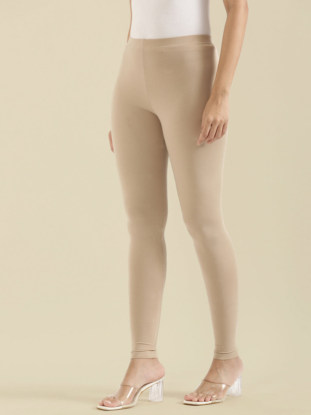 Dark Beige Cotton Stretch Ankle Length Leggings