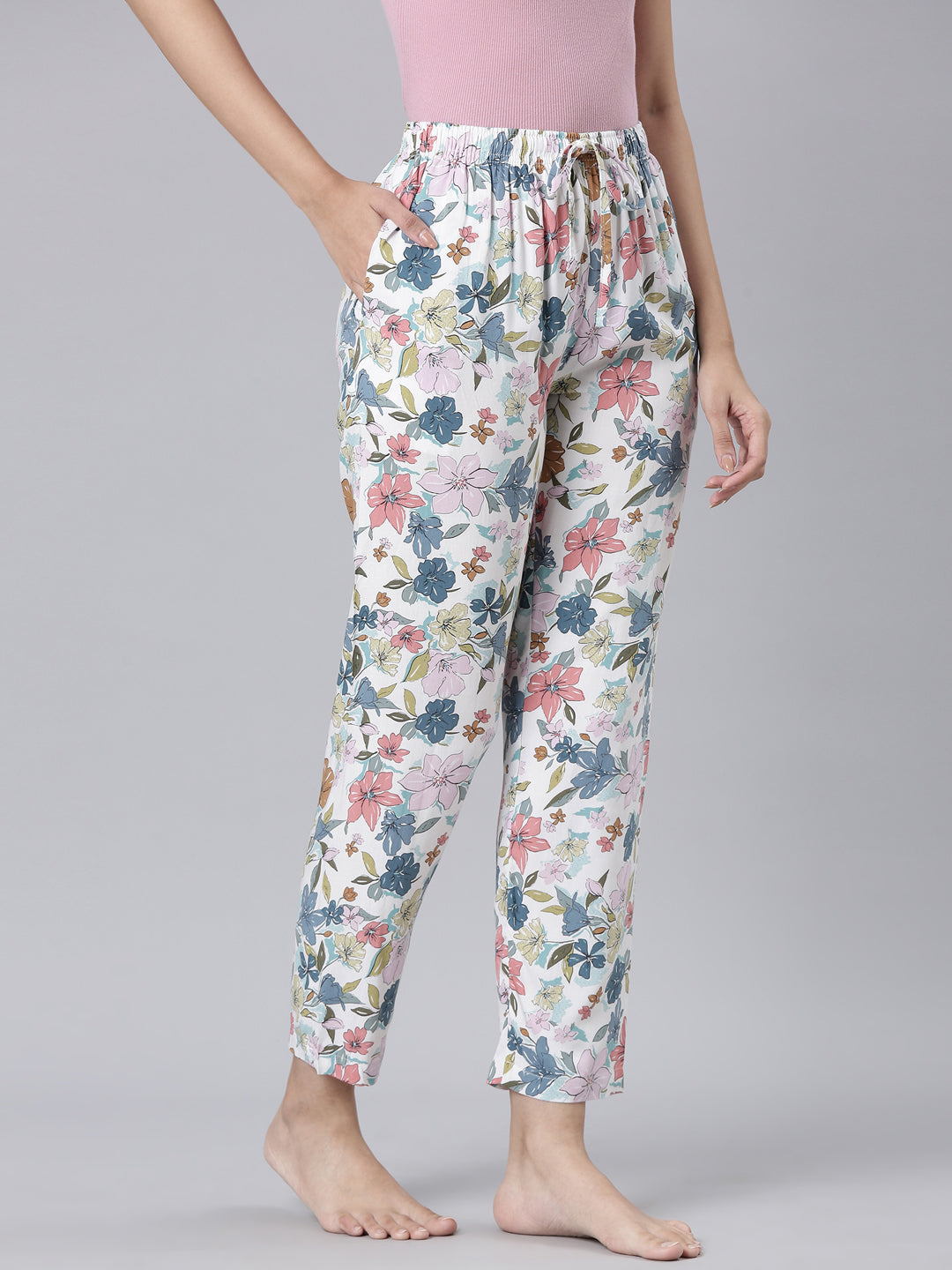 White Woven Viscose Printed Lounge Pants