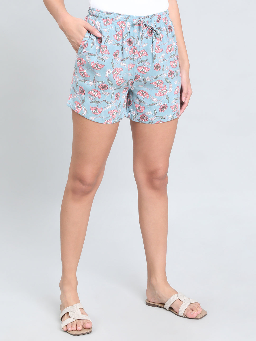 Blue Woven Viscose Printed Lounge Shorts