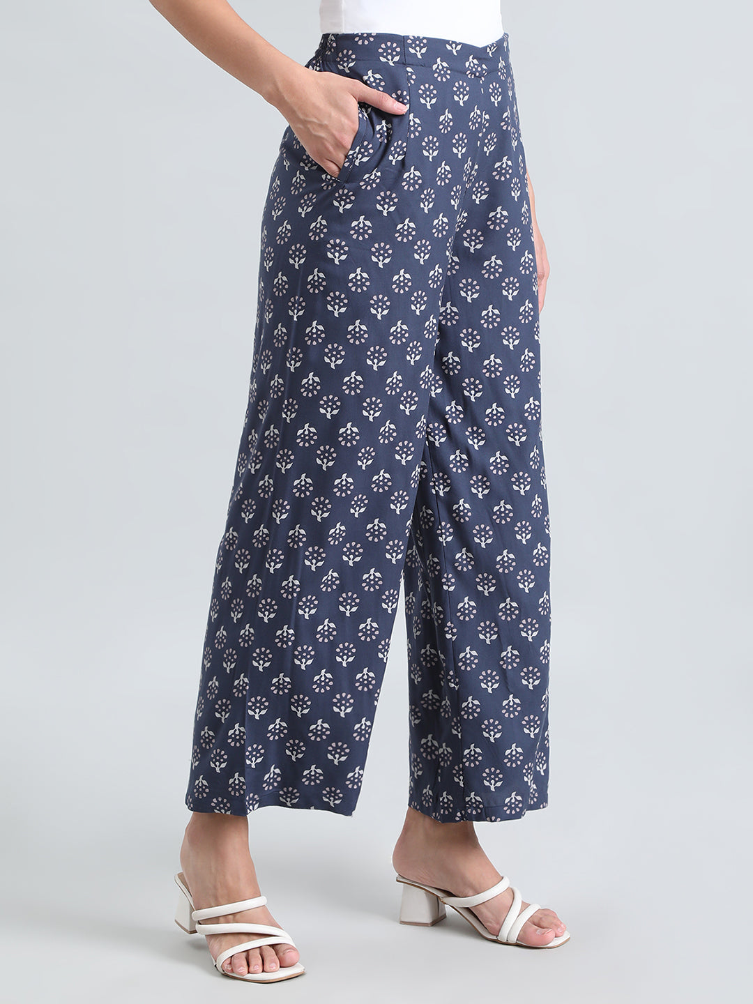 Navy Woven Viscose Printed Palazzo