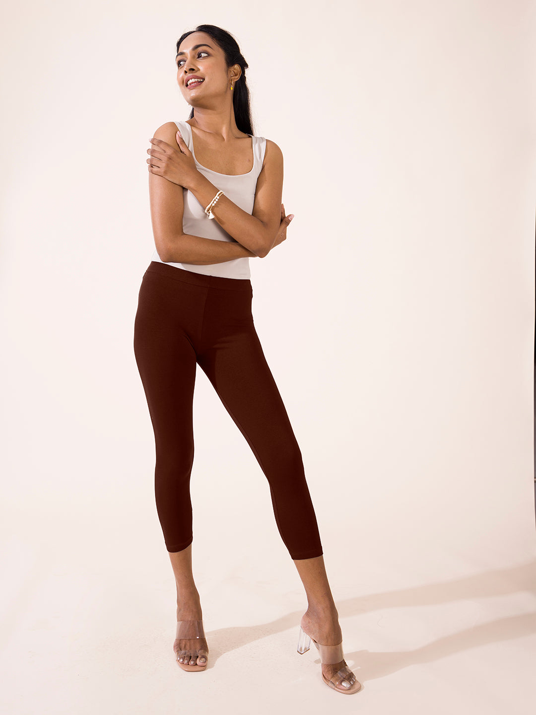 Dark Brown Cotton Stretch Cropped Leggings