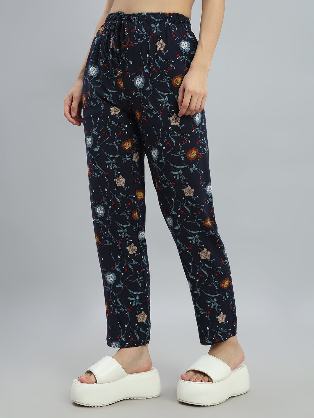 Navy Woven Viscose Printed Lounge Pants