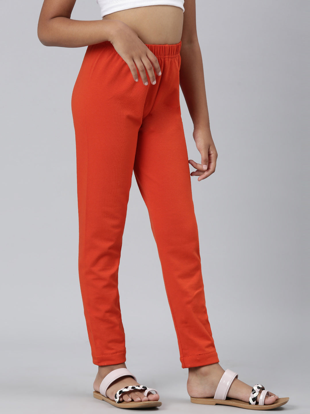 Orange Cotton Stretch  Ankle Length Leggings