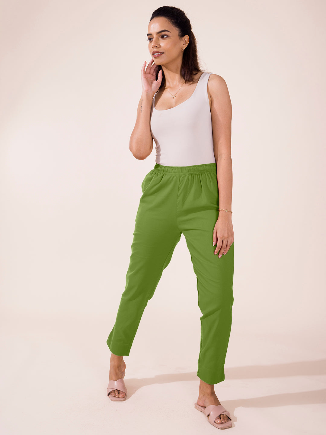 Pista Green Cotton Pencil Pant