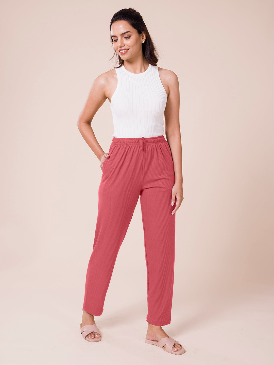 Rusty Pink Drop Needle Fabric Casual Rib Pant