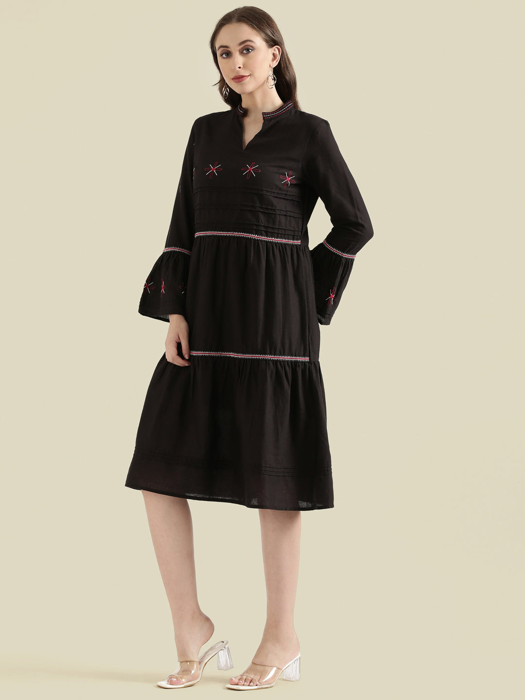 Cotton Embroidered Tiered Midi Dress