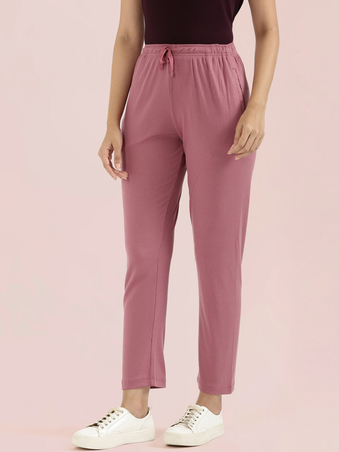 Mauve Drop Needle Fabric Casual Rib Pant