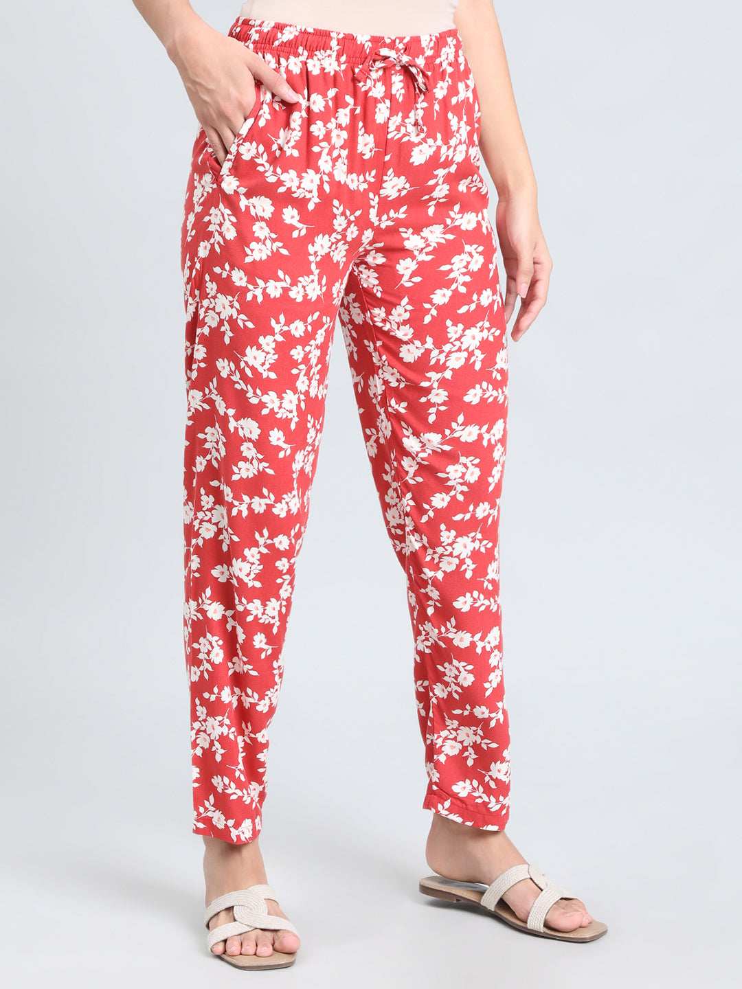 Red Woven Viscose Printed Lounge Pants