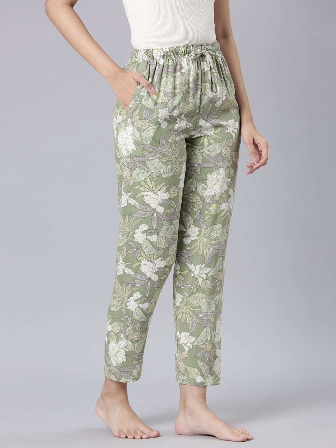 Green Woven Viscose Printed Lounge Pants