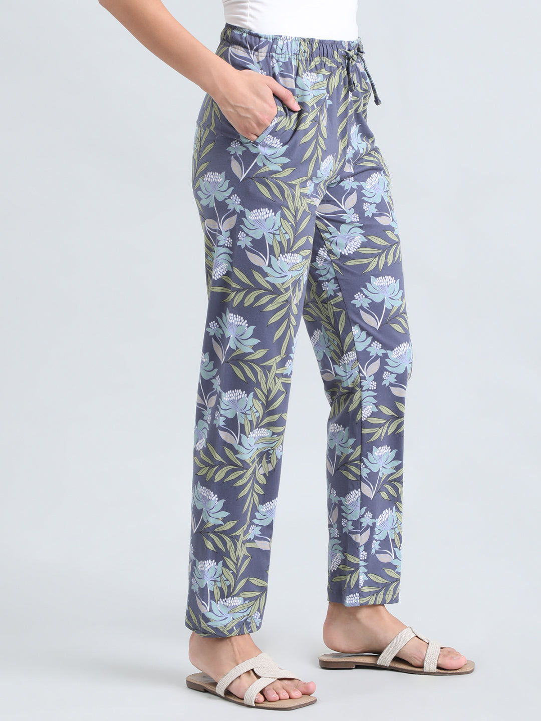 Blue Cotton Knit Printed Lounge Pants