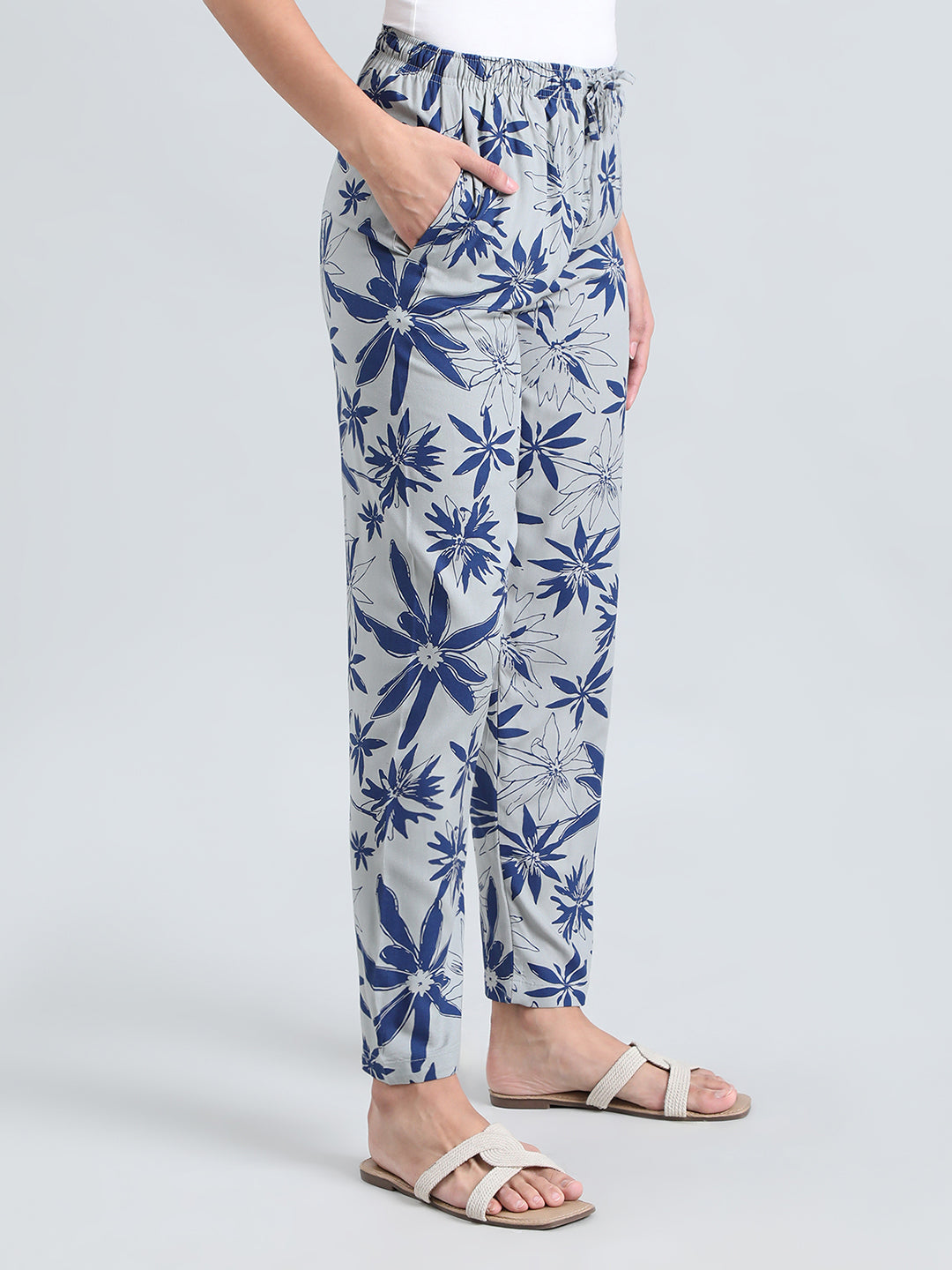 Grey Woven Viscose Printed Lounge Pants
