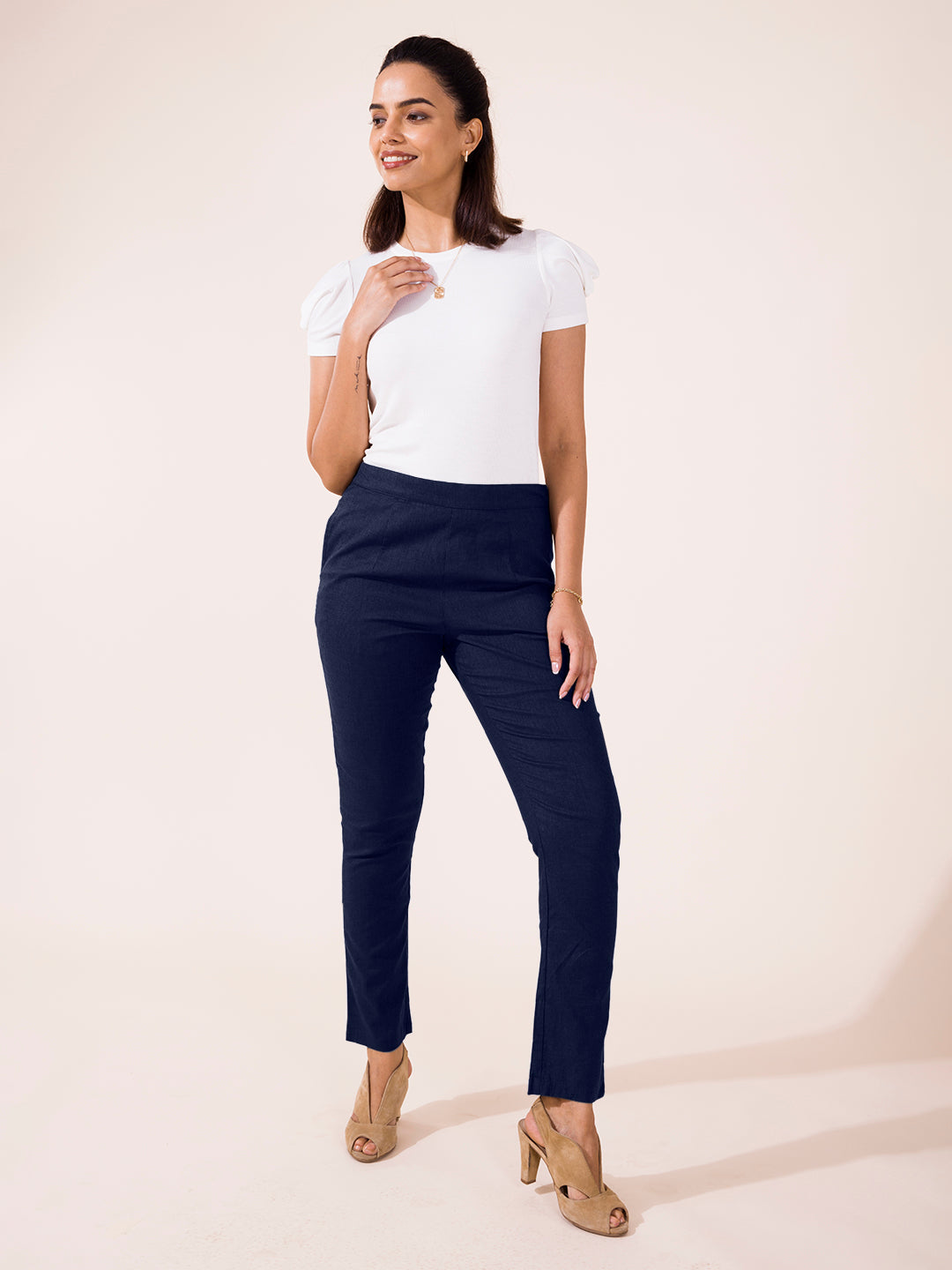 Navy Linen Pencil Pant