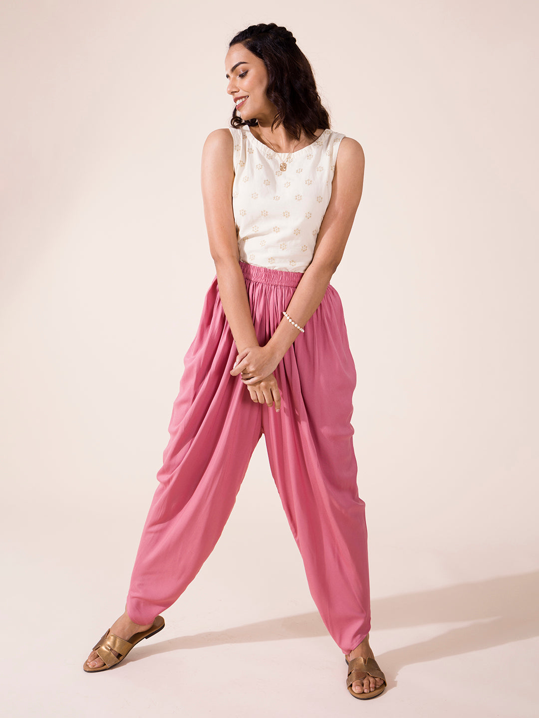 Dusty Pink Woven Viscose Harem Dhoti Pant