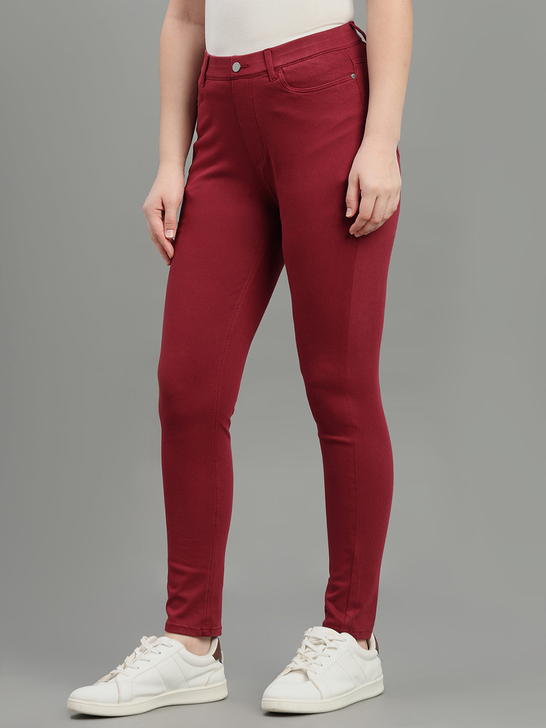 Bright Maroon Cotton Polyester Super Stretch Jeggings