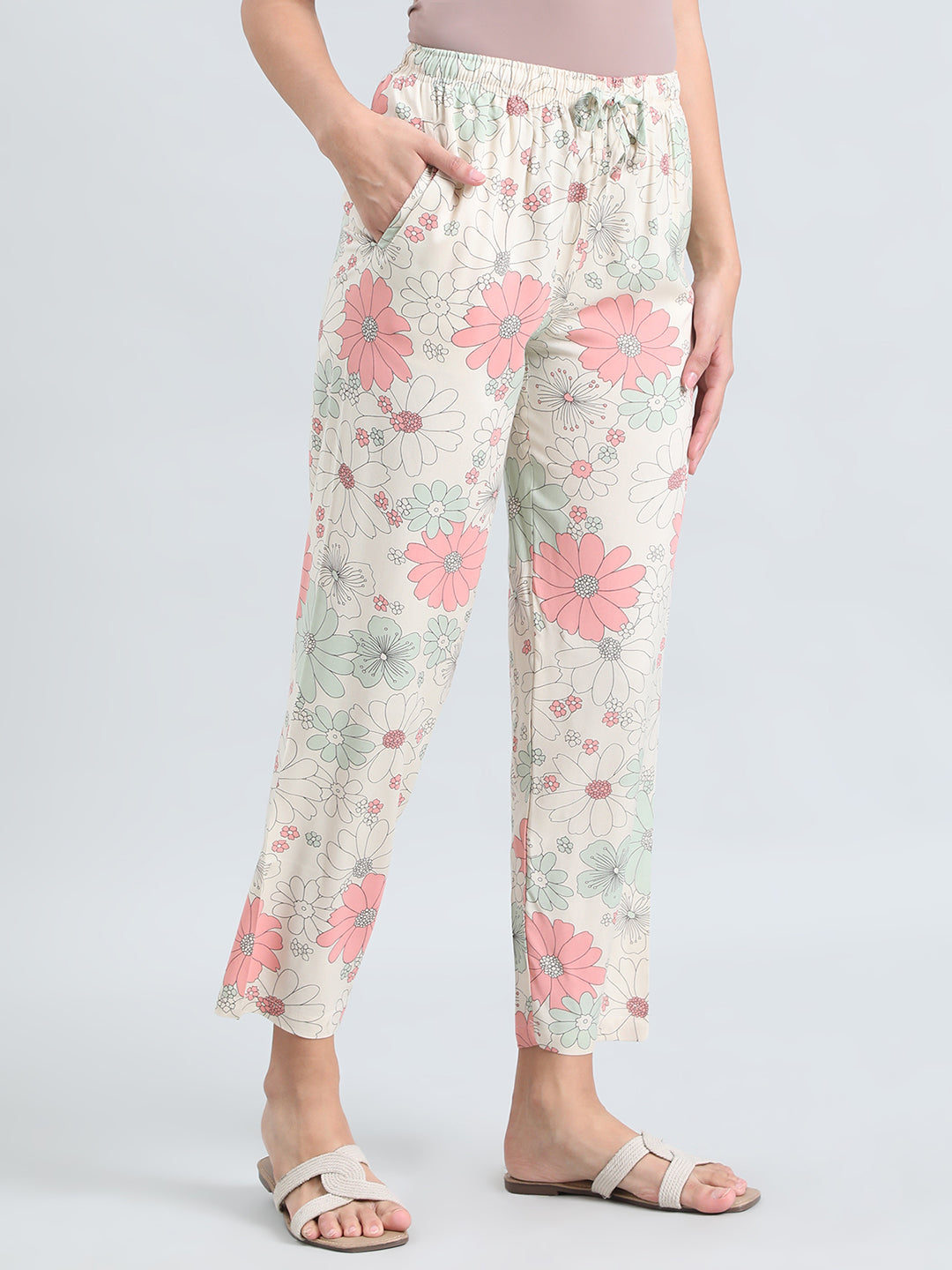 White Woven Viscose Printed Lounge Pants