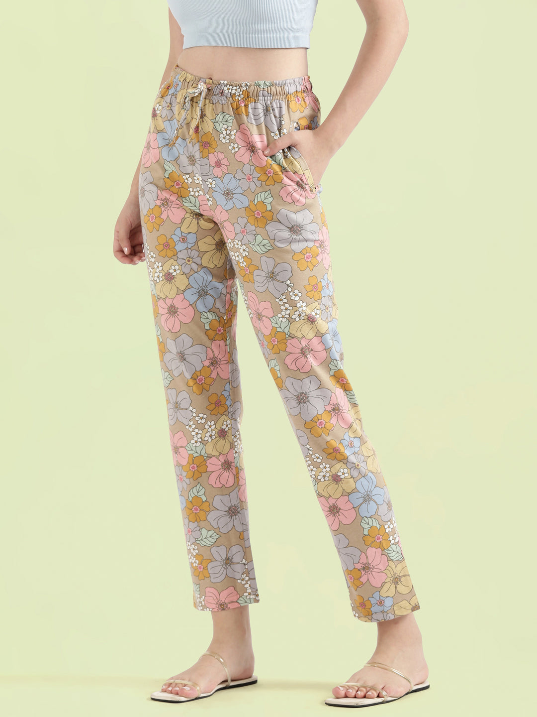 Beige Cotton Knit Printed Lounge Pants