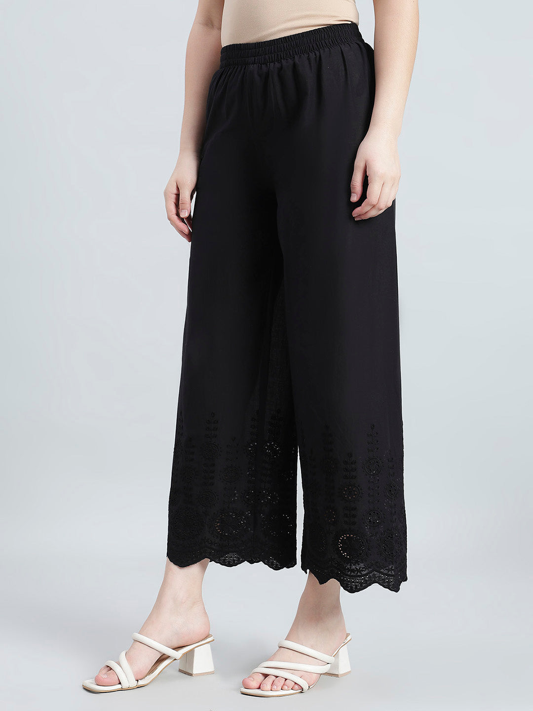 Black 100% Cotton Embroidered Wide Pant