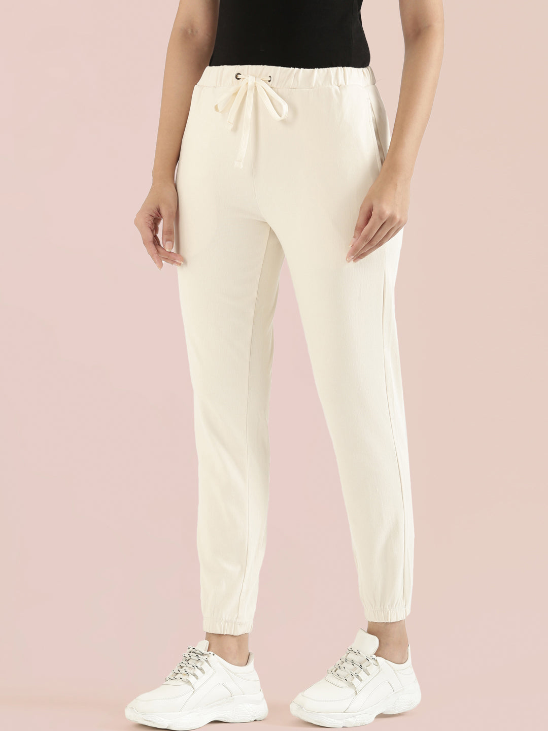 Cream Cotton Poly Stretch Cuffed Joggers