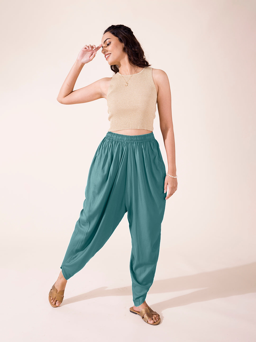 Teal Woven Viscose Harem Dhoti Pant