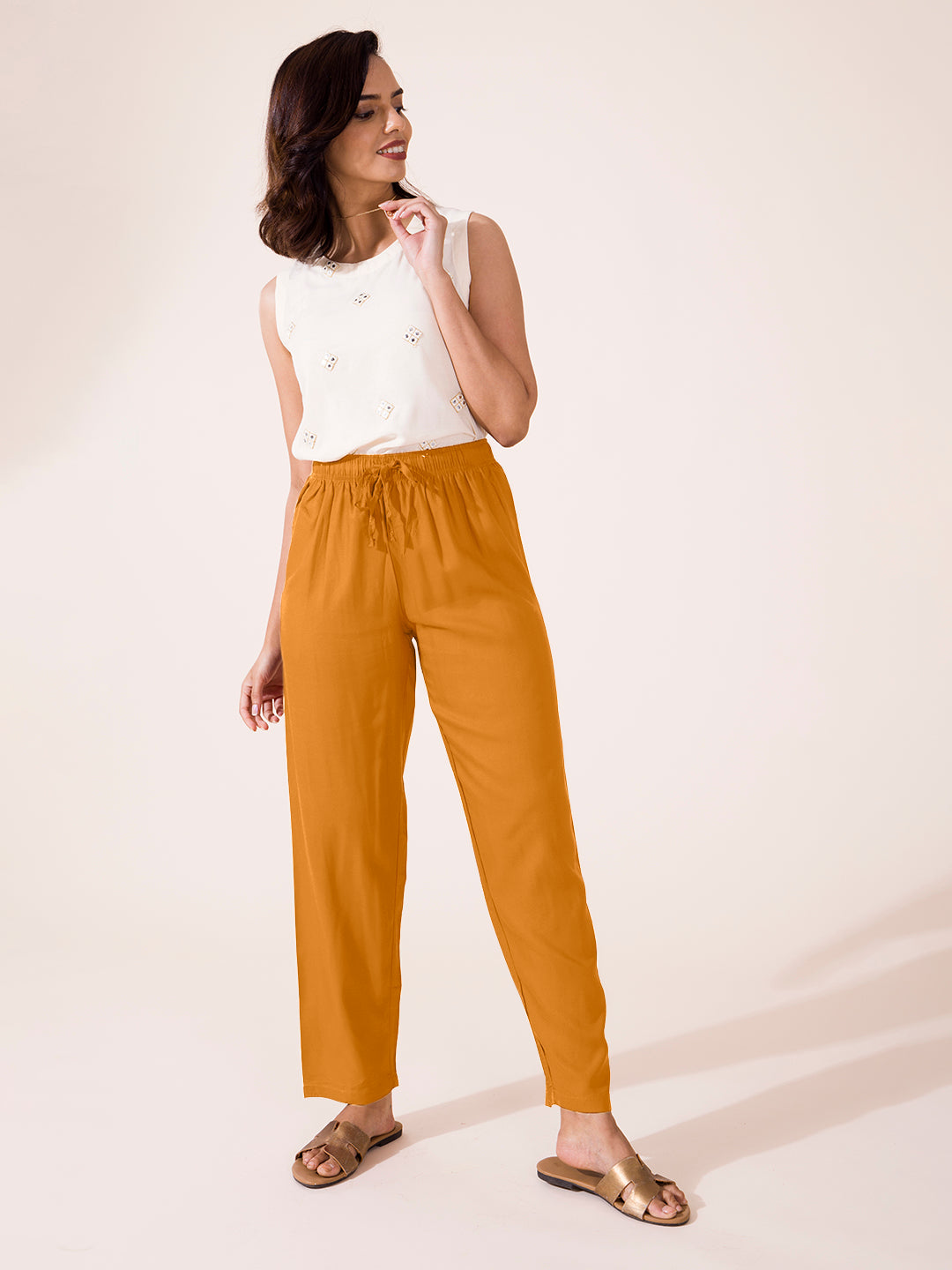 Light Mustard Woven Viscose Casual Pants