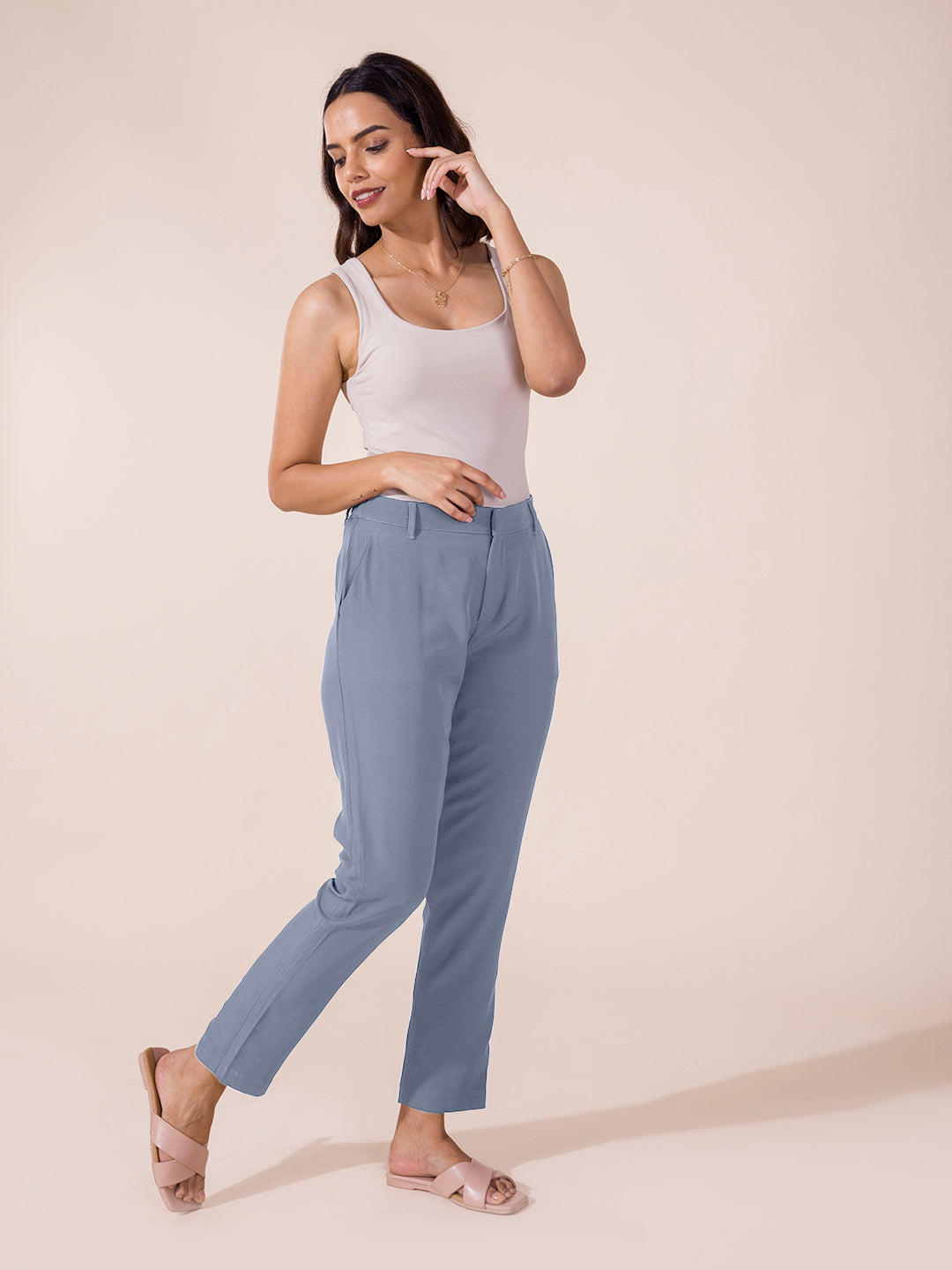 Dusty Blue Crepe Tapered Trouser