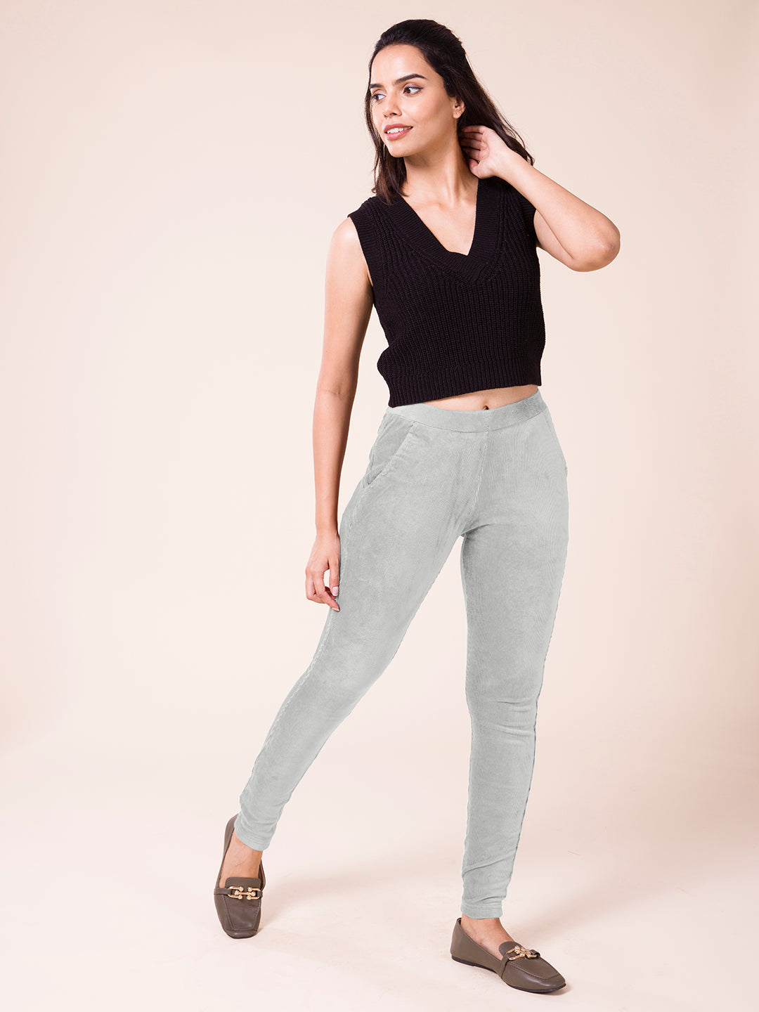 Ebony Grey Cotton Polyester Corduroy Jeggings