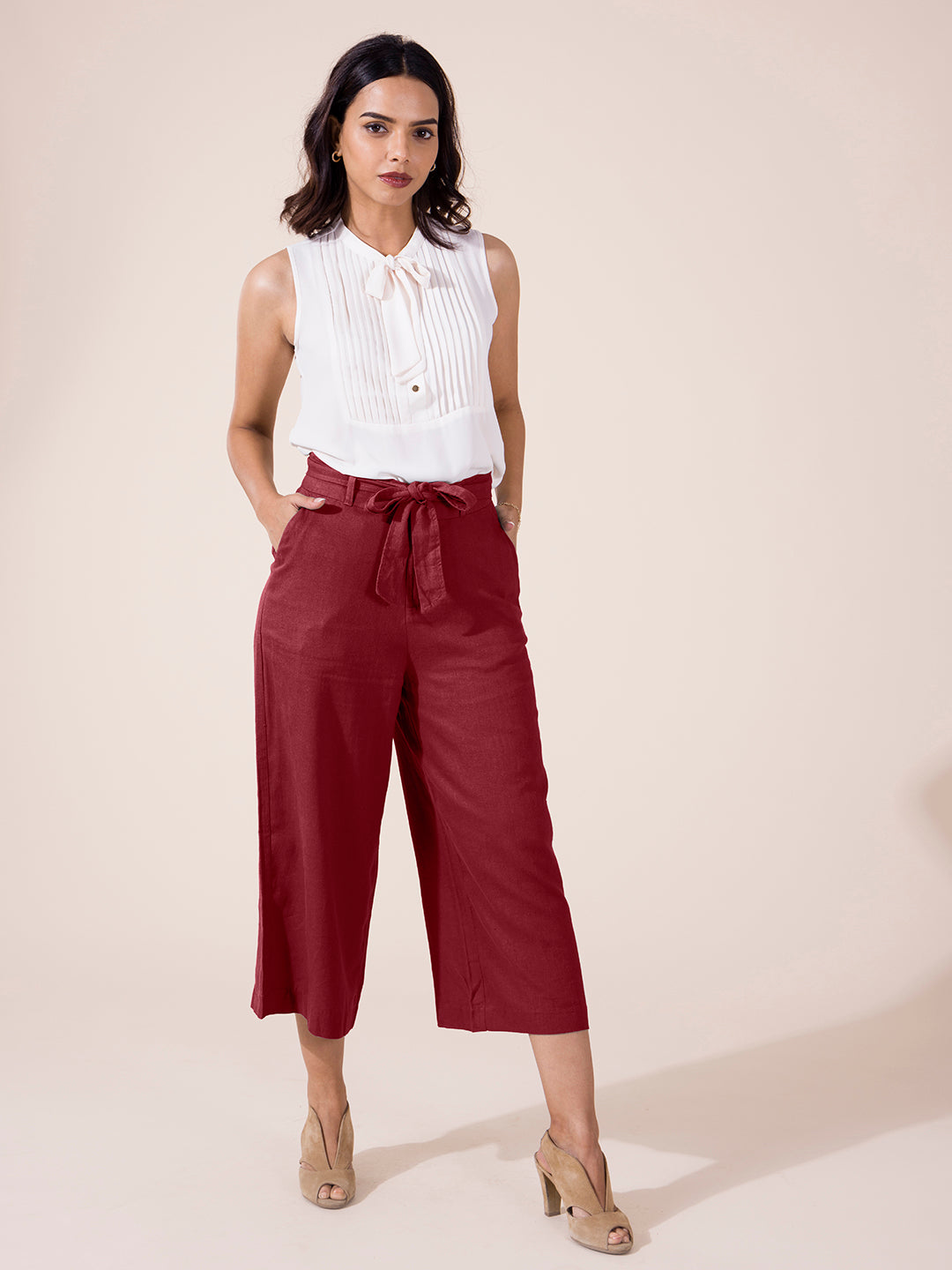 Bright Maroon Linen Blend Culottes