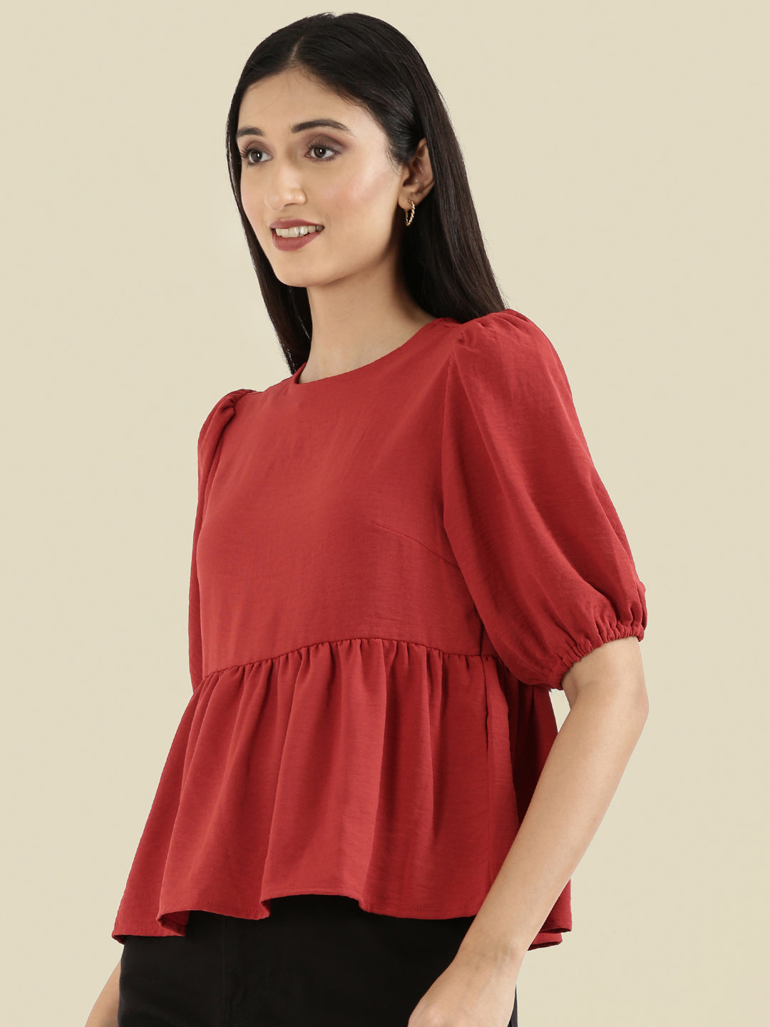 Hammered Crew Neck Peplum Top