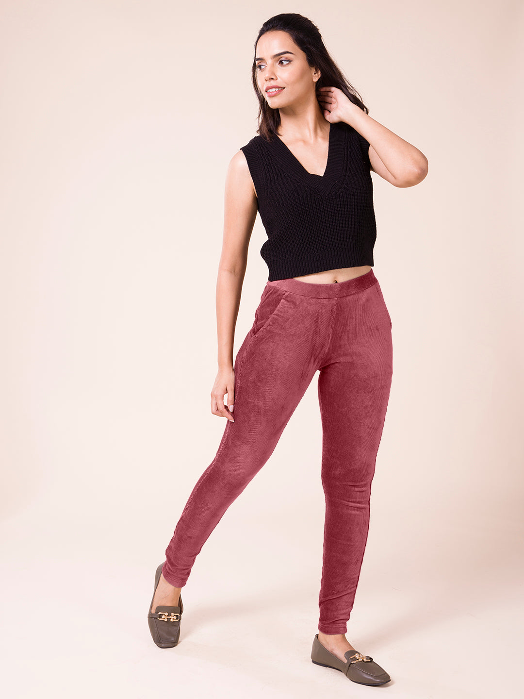 Light Wine Cotton Polyester Corduroy Jeggings