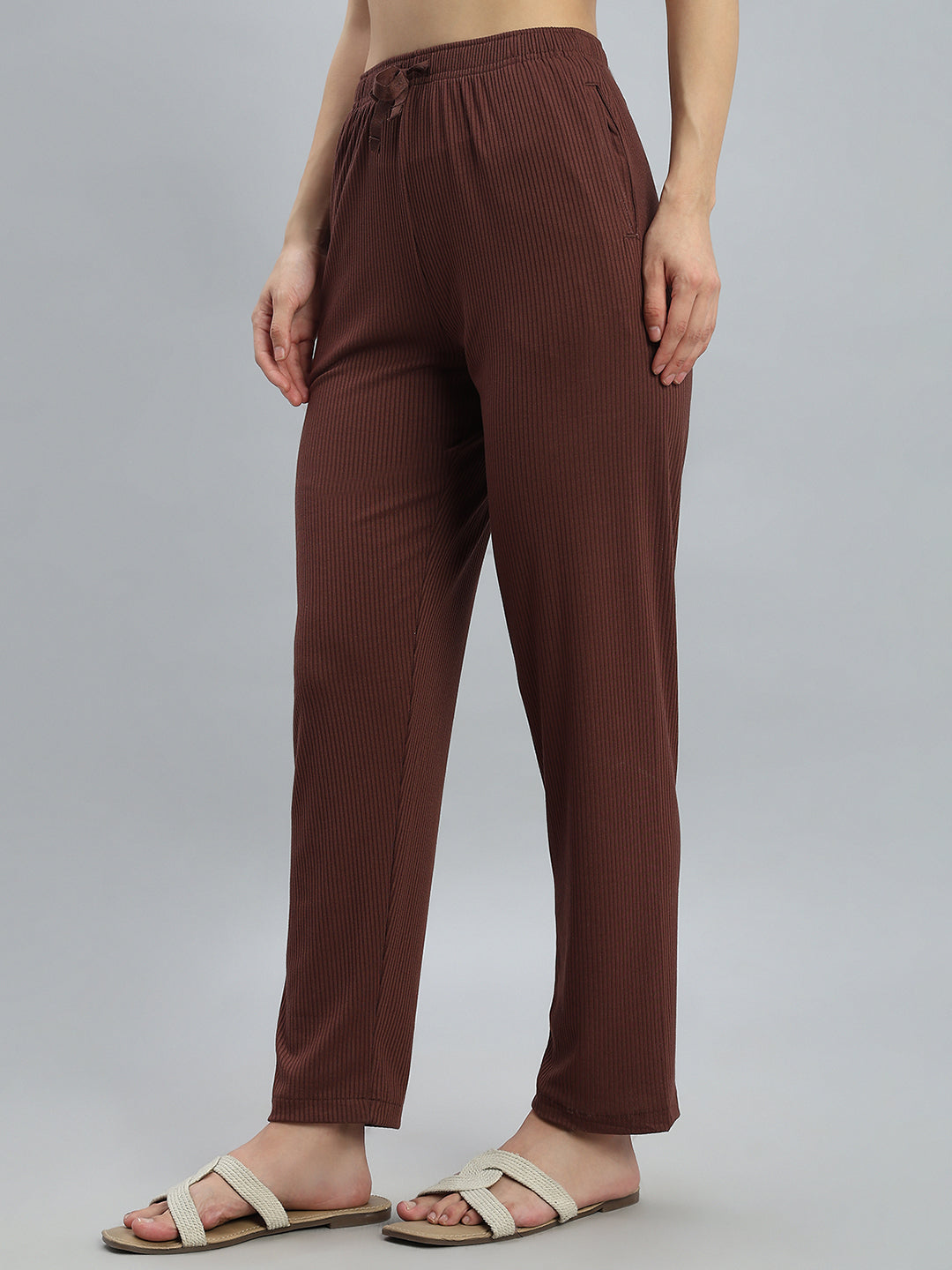 Brown Drop Needle Fabric Casual Rib Pant