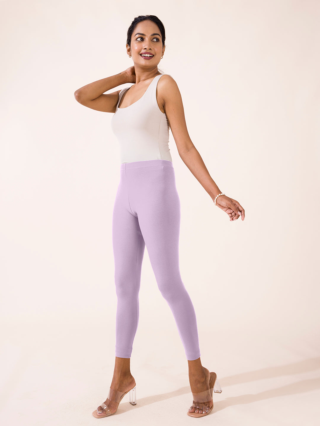 Women Solid Lavender Ankle Length Leggings