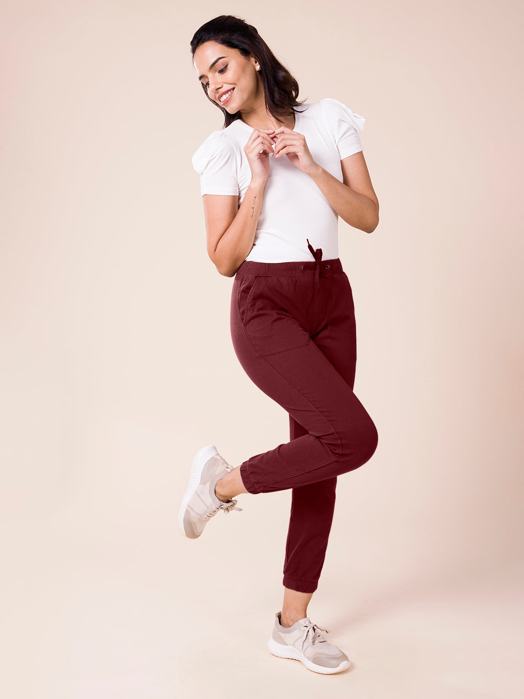 Maroon Cotton Poly Stretch Cuffed Joggers