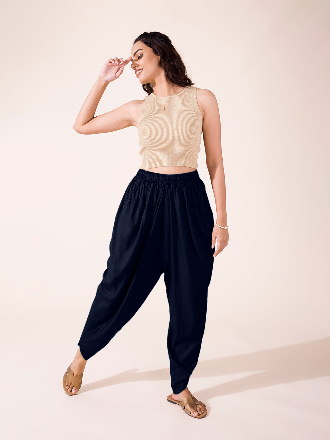 Navy Woven Viscose Harem Dhoti Pant