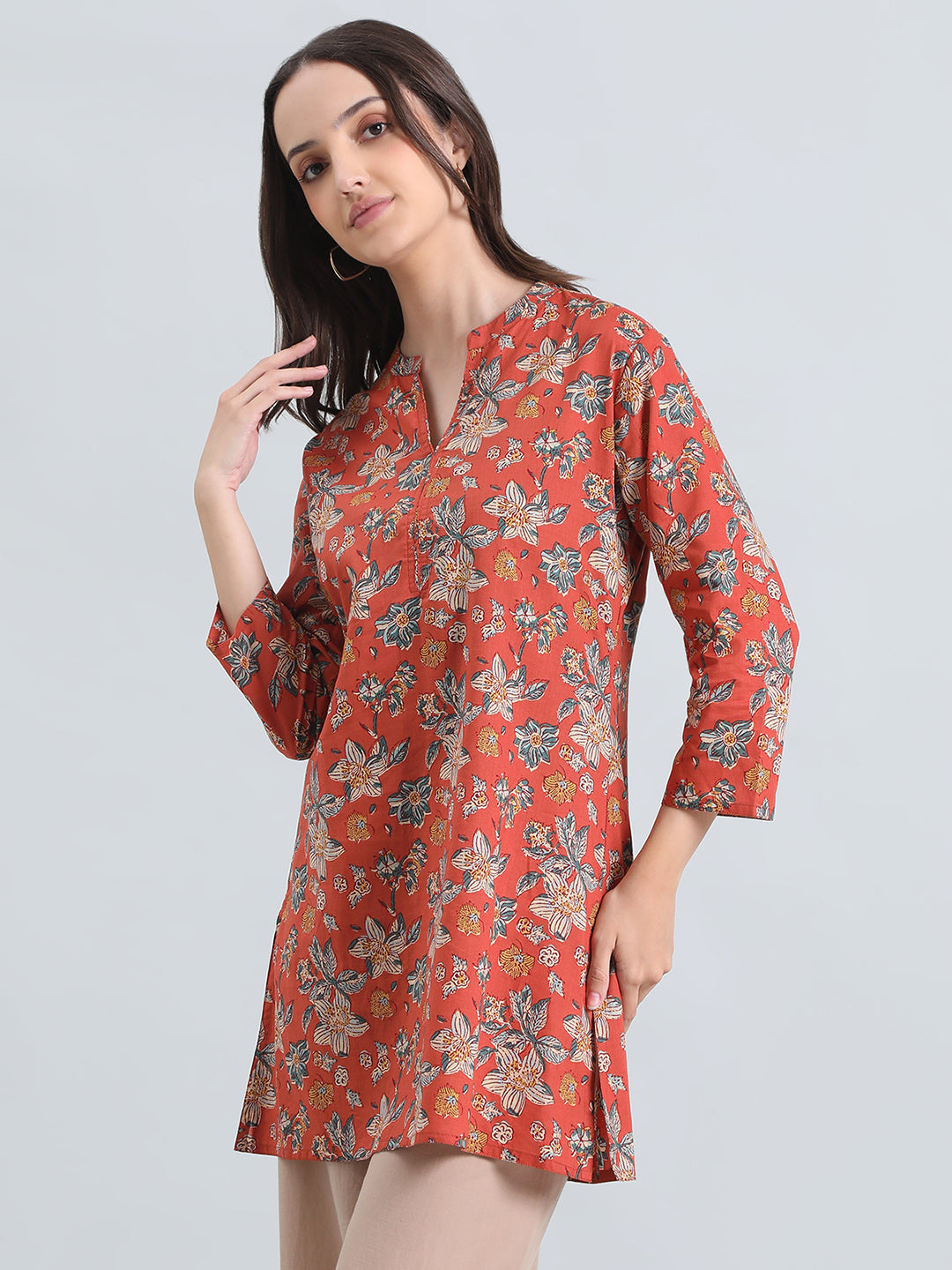 Cotton Floral Kalamkari Print Short Kurti