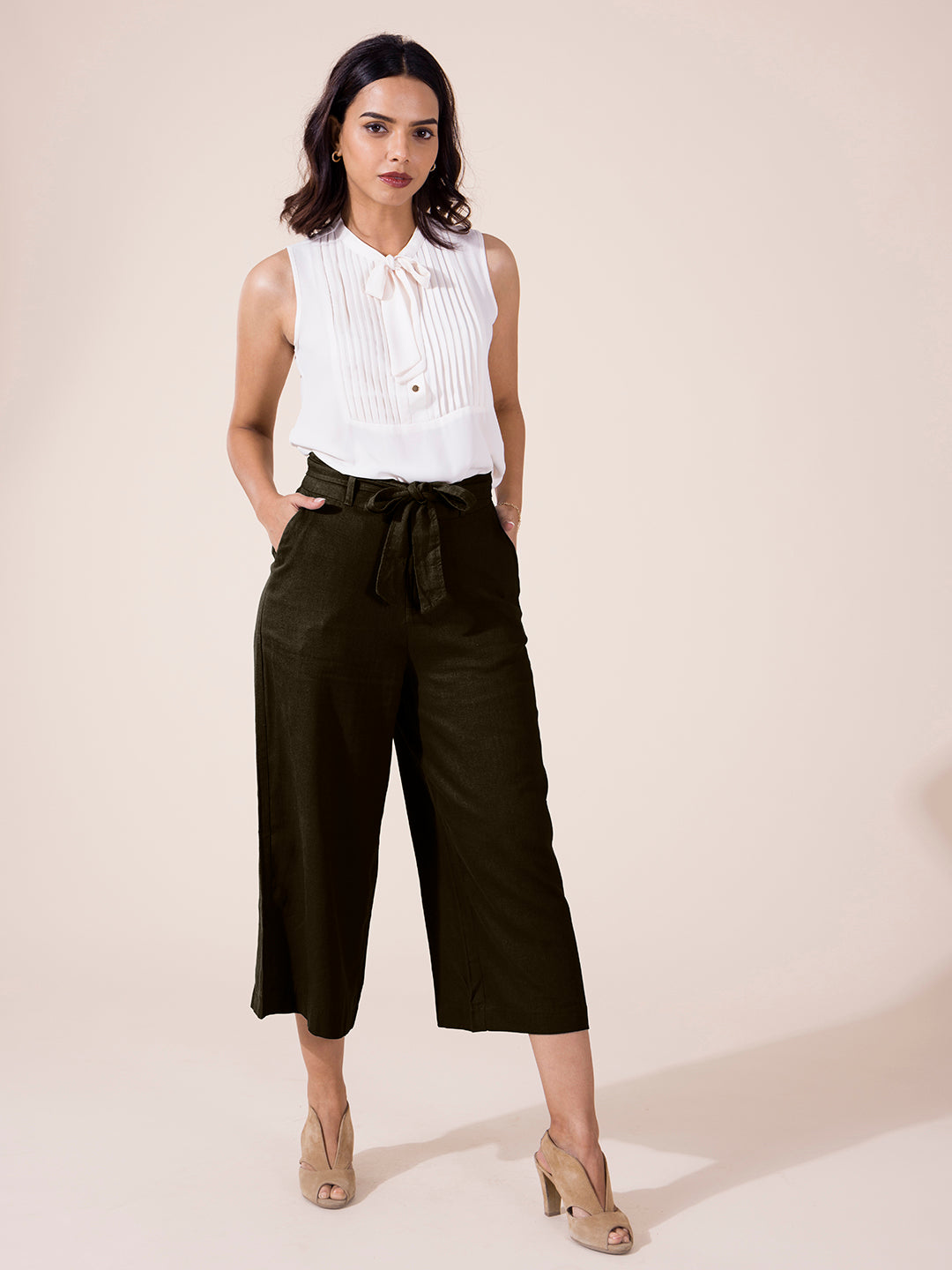 Olive Green Linen Blend Culottes