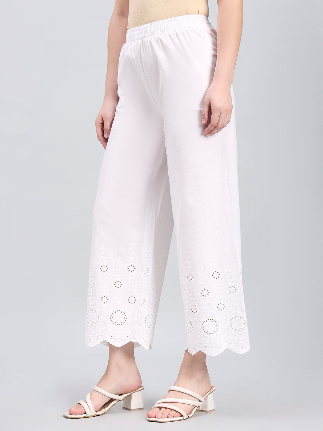 White 100% Cotton Embroidered Wide Pant