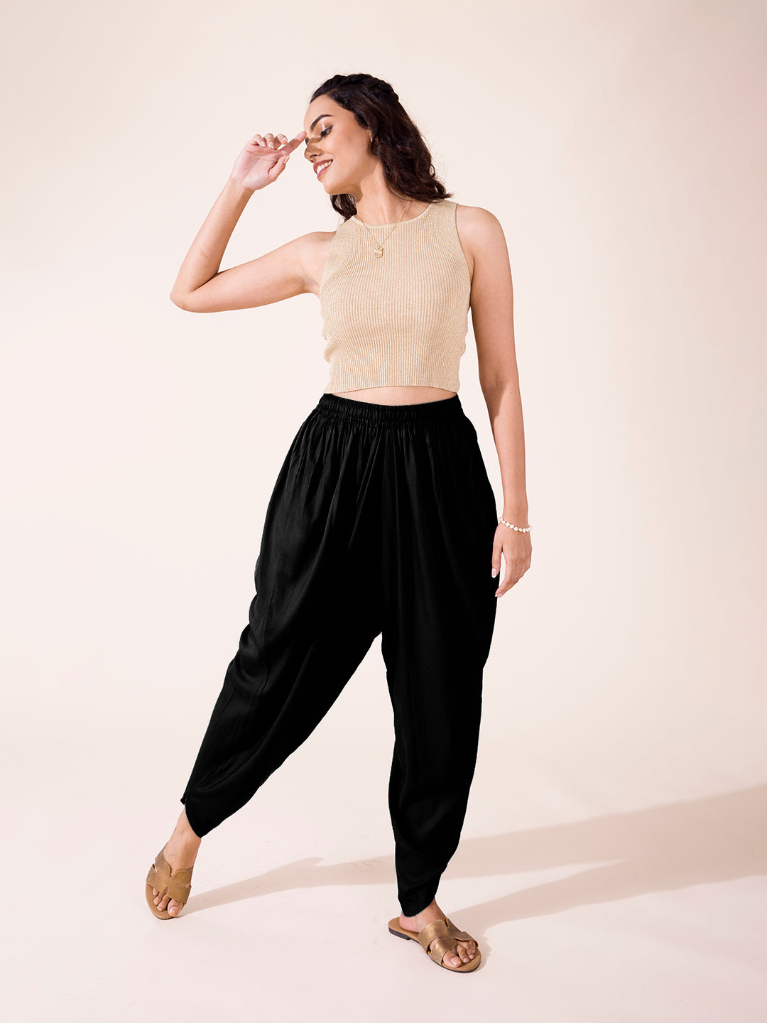 Black Woven Viscose Harem Dhoti Pant