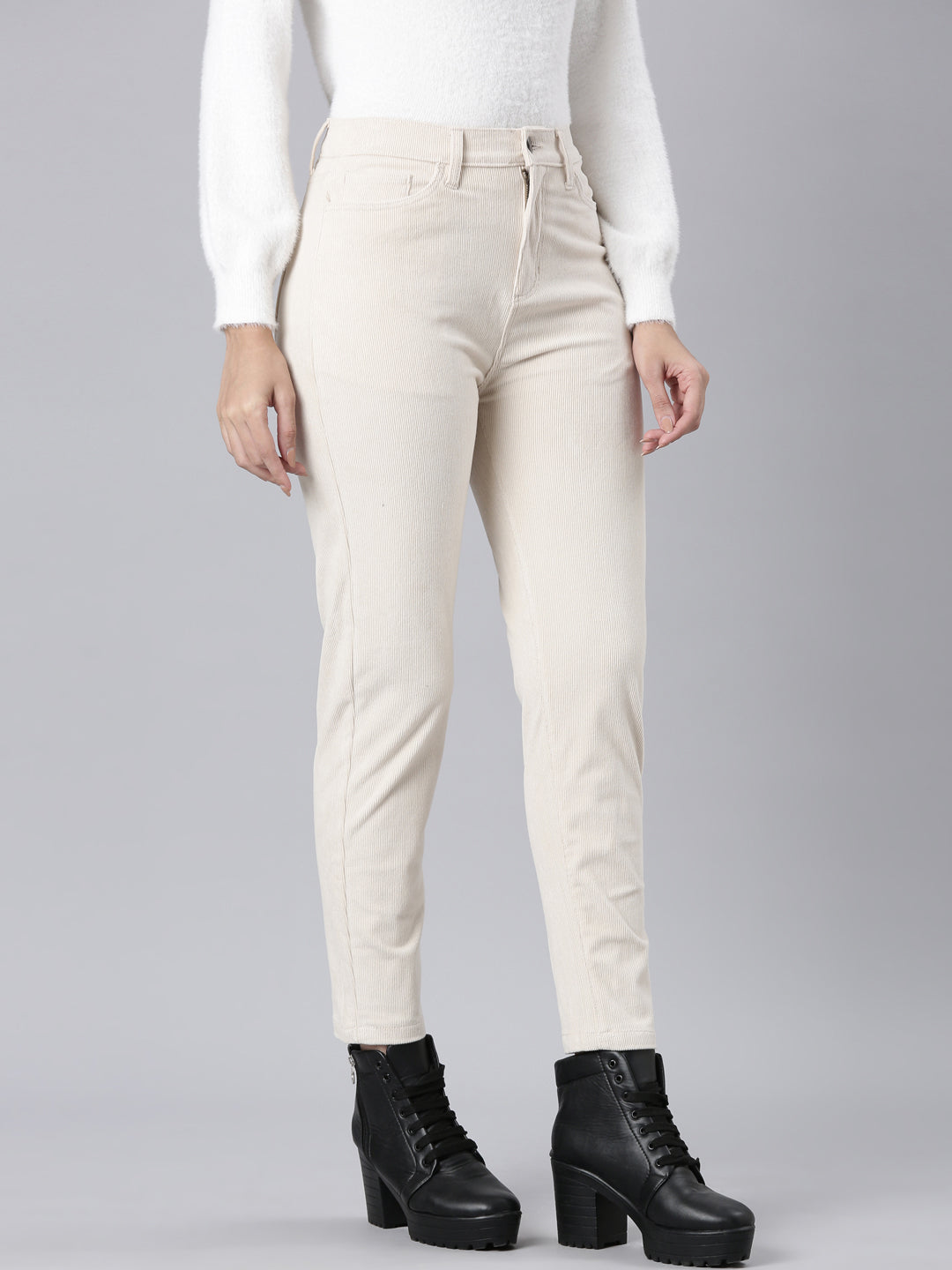 Cream Tight Knit Corduroy Pants