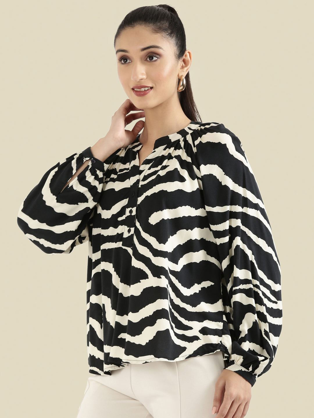 Viscose Loose Fit Mandarin Collar Printed Blouse